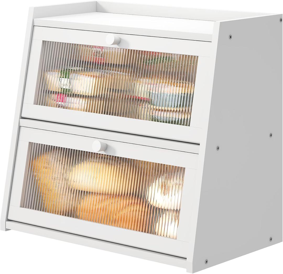 White Bread Box for Kitchen Counter, Large Bread Box With Cutting Board, Bamboo Wood Large Capacity Bread Storage Bin with Acrylic Wavy Door Panel 