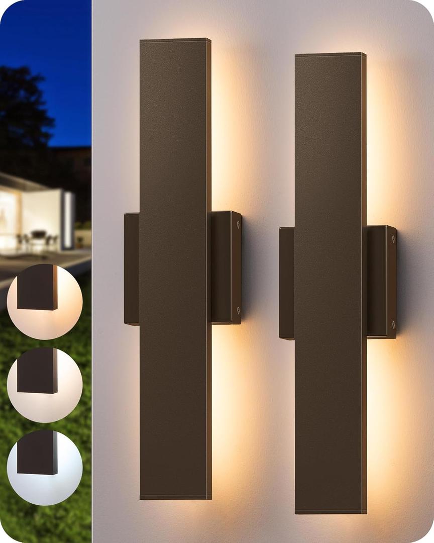 EDISHINE 2 Pack LED Outdoor Wall Lights Dimmable, 15.7" Rectangular Modern Exterior Wall Light, 3CCT, Iron & PC, IP65 Waterproof Outdoor Wall Sconce for Patio, Corridor, Oil Rubbed Bronze