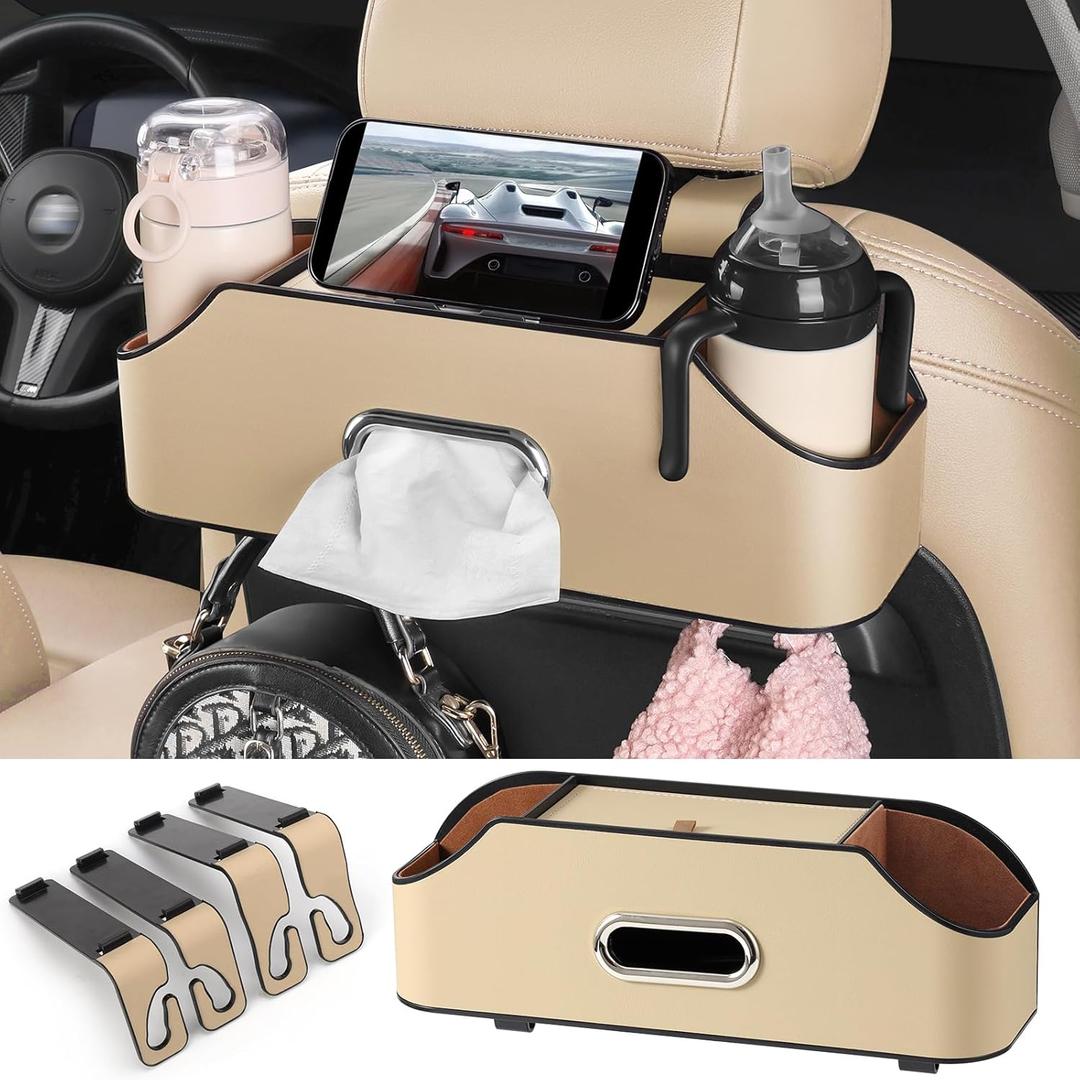 Car Rear Backseat Extra Multifunctional Drink Cup Holder Organizers With Tissue Storage Box Organizer & Hooks For Car Seat Back, Beige