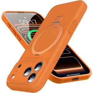 Mag-Ring Designed for iPhone 17 Pro Max Case, Liquid Silicone [Moisturizing Factor] Extreme Soft Slim Phone Case with Stand [Compatible with Mag Safe] for 17 Pro Max 6.9 inch Men Women, Orange