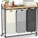 Laundry Hampers 3 Section, Laundry Sorter with Removable Shelf and Pull-Out Bags, Rolling Cart Clothes Hampers Basket with Wheels for Laundry Room Bathroom, 3 x 45 L (Black Beige Gray)