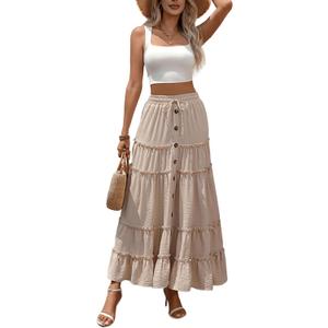 Womens Boho Maxi Skirt High Waist Tiered Ruffle Long Skirts with Buttons and Drawstring Summer Casual Vacation Outfit (Apricot)