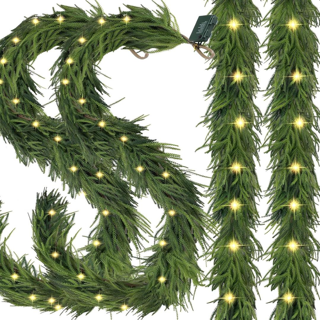 4 PCS Pre-Lit Christmas Garland Decorations,6 FT Faux Led Norfolk Pine Garland Artificial Realistic, Real Touch Greenery Christmas Pine Garland for Mantle Table Front Door Indoor Outdoor Holiday Decor