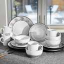 Homlouue 16 Pcs Stoneware Dinnerware Sets for 4, Porcelain Farmhouse Plates Bowls Mugs Set - Minimalist Chip Resistant Dish Set, Microwave & Dishwasher Safe in White and Black Thread