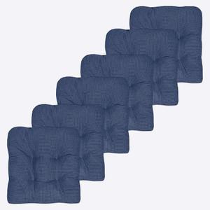 Sweet Home Collection Chair Cushion Crushed Memory Foam Pads Premium Slip Non Skid Microdot Rubber Back Tufted 16" x 16" x 3.25" Thick Seat Cover, 6 Pack, Navy Blue, Fluffy Chair Cushion, 6 Count