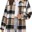Beaully Women's Flannel Plaid Shacket Long Sleeve Button Down Shirts Jacket Coats with Side Pockets (Brown/Black)