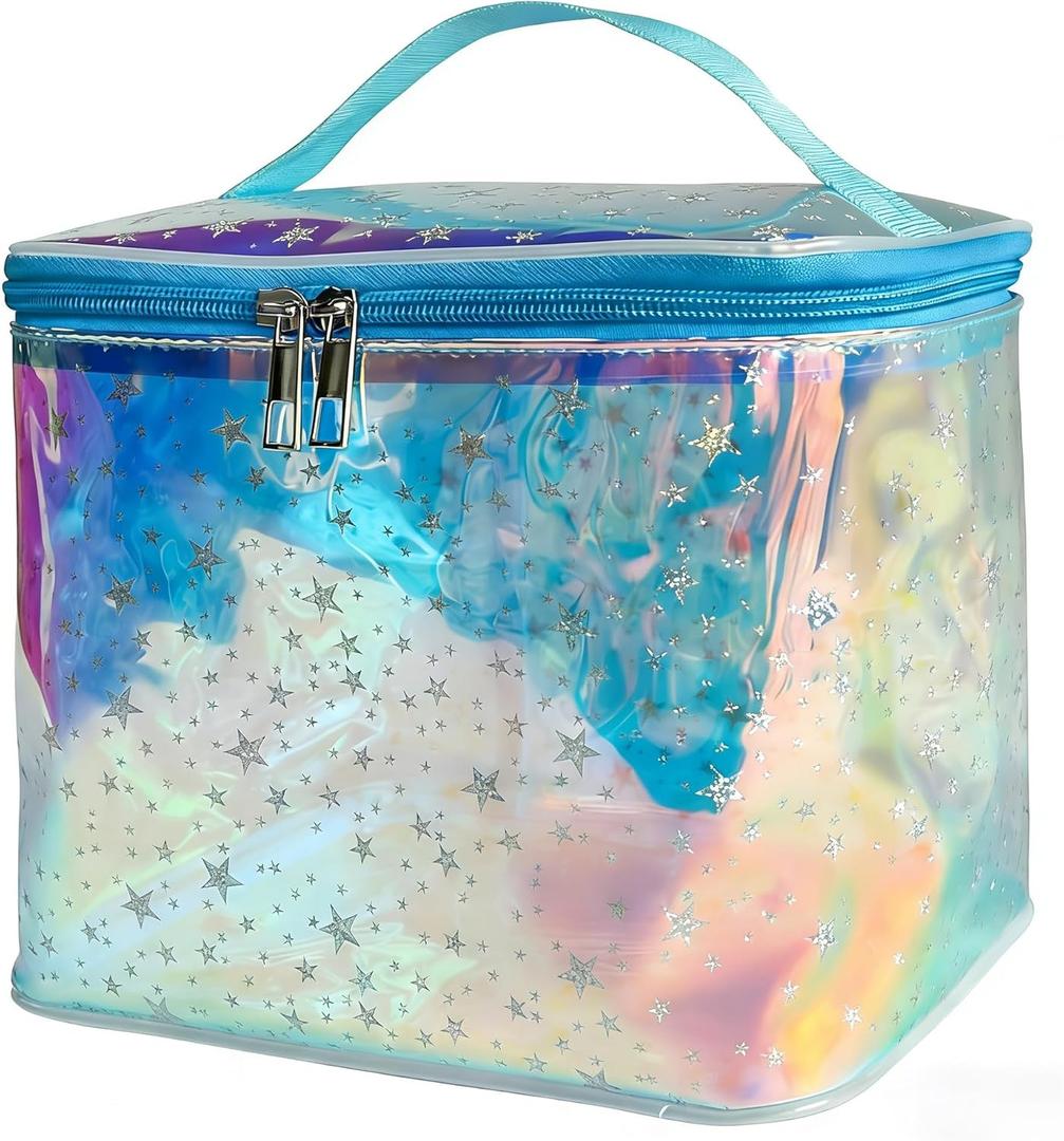 Holographic Star Print Pink Makeup Bag - Portable & Waterproof Barrel-Shaped Toiletry Bag, 8.27x6.7x6.3in Cosmetic Case for Women & Men (Blue Star)