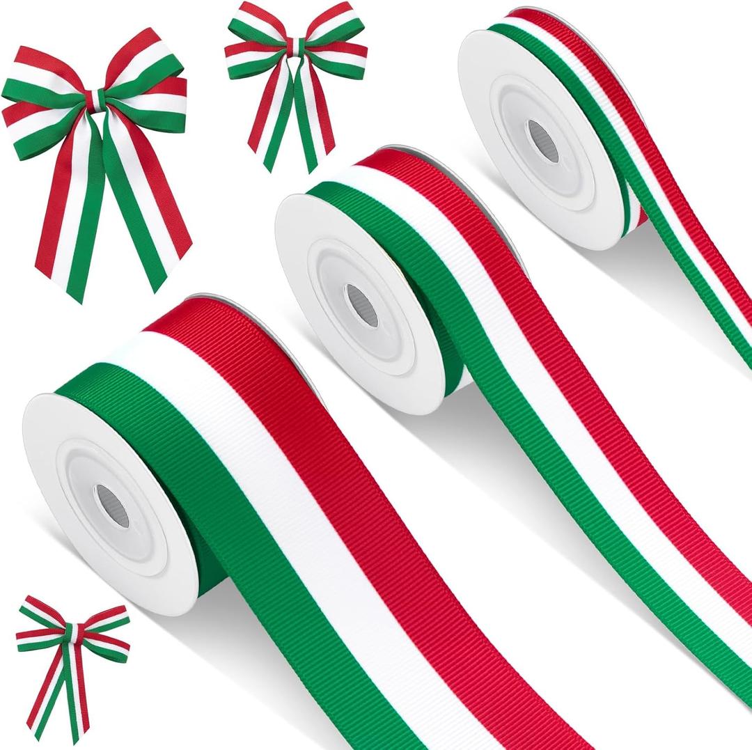 3 Rolls Red White and Green Stripe Grosgrain Ribbon Italian Flag Patriotic Double Face Polyester Colorful Ribbon for Christmas Party Gift Wrapping Crafts, 0.4, 0.87, 1.5 Inch Wide, 15 Yard