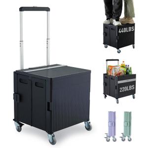 Folding Utility Cart Portable Rolling Crate Handcart Shopping Trolley Collapsible Tool Box, with Lid, on Rotate Wheels, for Grocery, Shopping, Office, Teacher, Camp,File (Black)