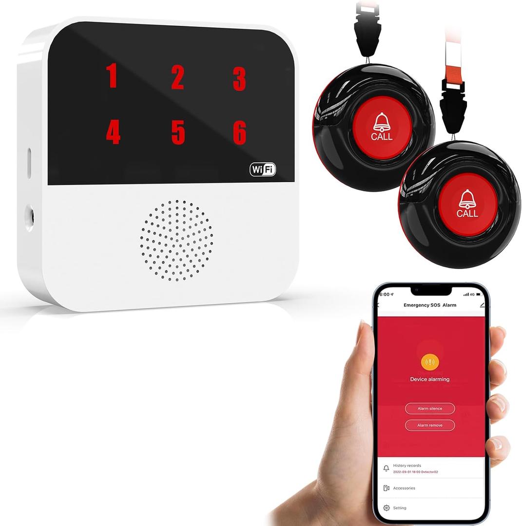 WiFi Smart Wireless Caregiver Pagers for Elderly Alert Button that Calls Cell Phone Caregiver Alert System with LED Number Display 2 SOS Call Button 1 Receiver(Only Supports 2.4GHz & No Monthly Fee)