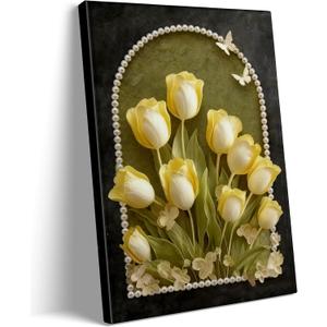 Vintage Yellow Tulip Floral Canvas Wall Art Retro Moody Flower Wall Decor, 24"L x 16"W