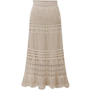 chouyatou Women's Stretched High Waist Crochet Hollow Out Knit Flowy Patterned Lace Maxi Skirt (Large, Beige)