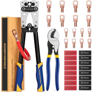 haisstronica Heavy Duty Battery Cable Crimping Tool Kit-Ratchet Hex Extended Handle Crimper for 8,6,4,2,1,1/0 AWG Copper Lugs with Cable Cutter, 32PCS Copper Lugs&Heat Shrink Tubing