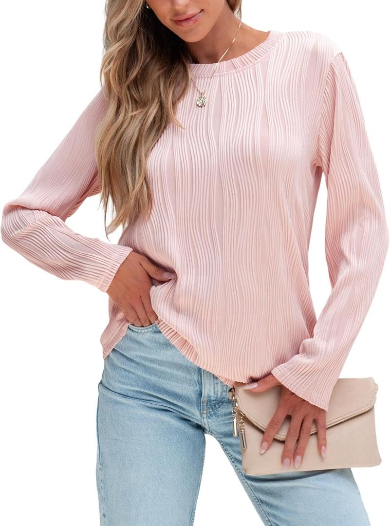 Long Sleeve Shirts for Women Basic Fashion Tops Crewneck T Shirt Fall Winter Dressy Casual Textured Blouses, M