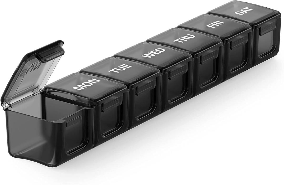 Sukuos Extra Large Weekly Pill Organizer, 7 Day Daily Pill Box Case Easy to Open, Silkscreen Printed Medicine Container with Clear Lid for Vitamins, Fish Oils or Supplements (Black)