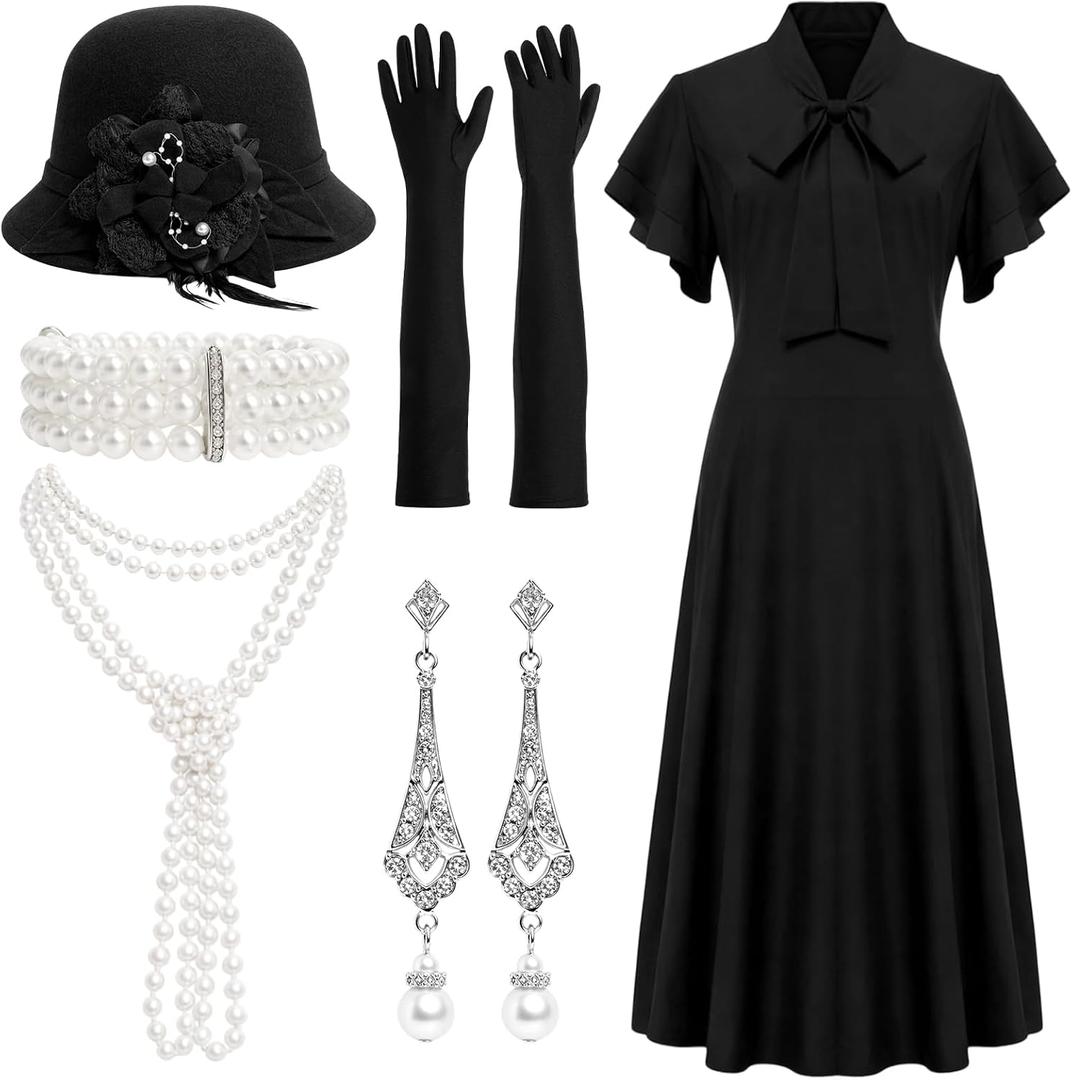 Floraltop 1920s Dresses for Women Vintage Flapper Dress 20s Costumes with Accessories Set Ruffle Cocktail Party Style Dress (M,Vintage,Black)