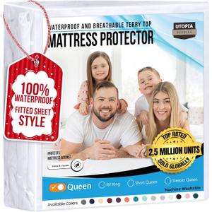 Queen Size Mattress Protector Waterproof, Premium 200 GSM Terry Mattress Cover, Soft & Breathable Bed Cover, Fitted Sheet Style Stretchable Deep Pockets 17" by Utopia Bedding (White)
