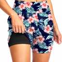 G Gradual Women's 5" High Waisted Swim Board Shorts Quick Dry UPF 50+ Swimming Beach Shorts for Women with Liner Pockets(Navy Flower, 3XL)