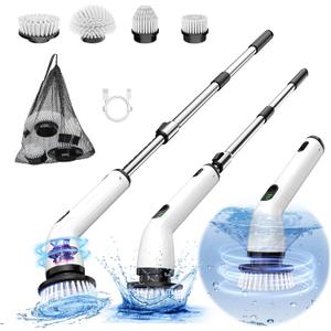 Electric Spin Scrubber, Full-Body IPX7 Waterproof Cordless Shower Scrubber with 4 Replaceable Heads, Upgraded Extension Handle, 2H Work Time, 2 Speeds for Bathroom Shower Tile Glass (Black)