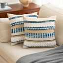 Anna's Whimsy 18x18 Inch Set of 2 Blue Bohemian Boho Pillow Covers Autumn Boho Throw Pillow Covers, Soft Linen Striped Farmhouse Decorative Square Pillows Cover for Couch Bed Living Room Decor