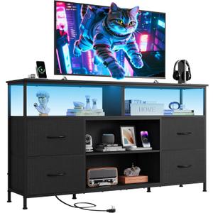 WLIVE TV Stand Dresser for 50,55,60 inch TV, Entertainment Center with LED Lights & Fabric Drawers, Dresser TV Stand for Bedroom and Living Room with Open Shelves, Black