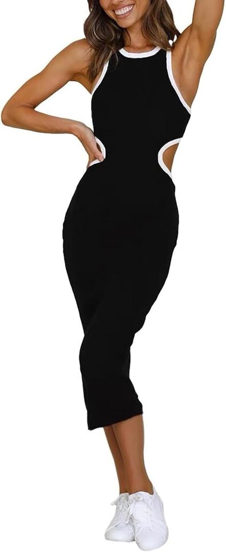 Womens Sexy Cut Out Waist Open Back Bodycon Dress Ankle Length Ribbed Party Club Midi Mini Dresses, Medium, Black