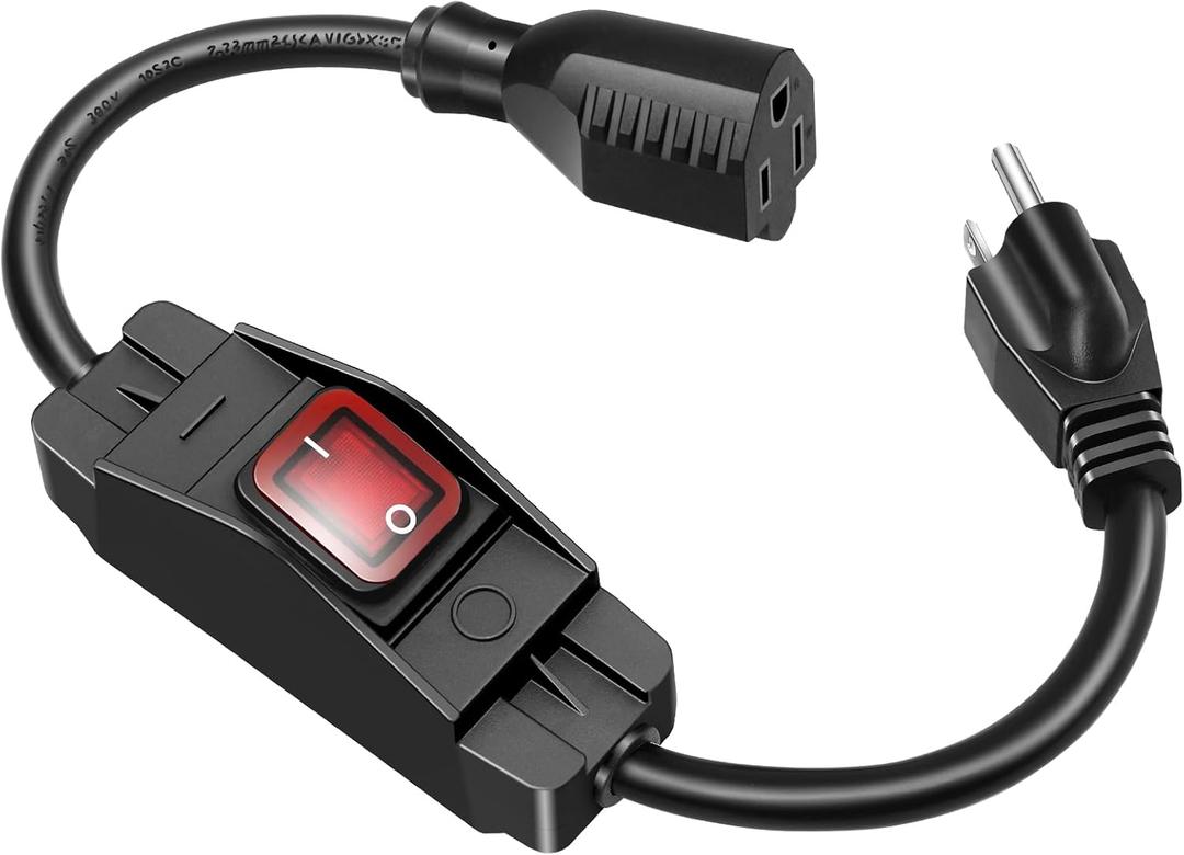 Outdoor Extension Cord with On/Off Waterproof Switch, 15A 125V Grounded 3-Prong Plug, Heavy Duty 1875W Short Outdoor Extension Cord for Lights,Black 14/3 SJTW Switch Cord,Outdoor Light Control(1.5FT