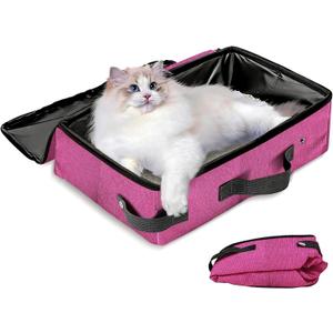 Foldable Travel Litter Box for Cats, 16 * 12 * 6 inches Portable Litter Box with Zipped Lid, Lightweight & Easy to take, Cat Essentials for Outdoor Long Distance Traveling & Camping - Pink