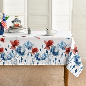 Horaldaily 4th of July Tablecloth 5270 Inch Rectangular, Blue Red Flowers Printed Independence Day Memorial Day Table Cover for Party Dinner Patio Garden Picnic (White)