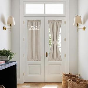 NICETOWN 100% Blackout French Door Curtains Linen Textured Privacy Door Window Curtains Thermal Insulated Drapes for Bedroom Kitchen, W25 x L40 Inch Long, 1 Panel, Cream
