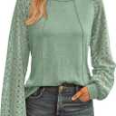 AUTOMET Womens Long Sleeve Shirts Casual Tops Dressy Outfits Fall Fashion Blouses Lace Clothes Y2k (Medium, Lightgreen)