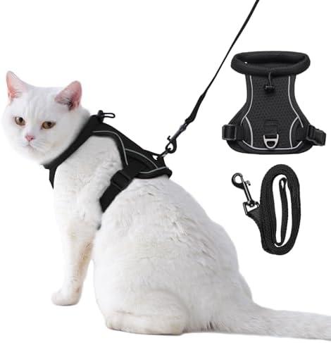 Dotoner Escape Proof Cat Harness and Leash Set Adjustable Soft Mesh Vest for Walking Safe Travel Vet Visit with Reflective Strips for Cats and Kittens(Black-S)