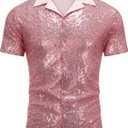 AstoSeu Men's Sequin Dress Shirt 70s Disco Costume Sparkle Party Short Sleeve Button Down Shirts (Large, Pink)