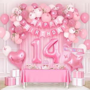Pink 14th Happy Birthday Decorations for Girls, Pink and White 14th Birthday Party Packs with Foil Number 14 Balloons, Happy Birthday Banner, Fringe Curtains, Birthday Sash Party Supplies