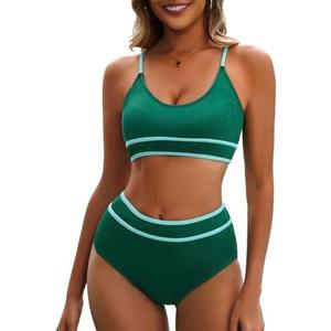 Century Star High Waisted Bikini Sets for Women Sporty Two Piece Swimsuit Ribbed Color Block Bathing Suit M