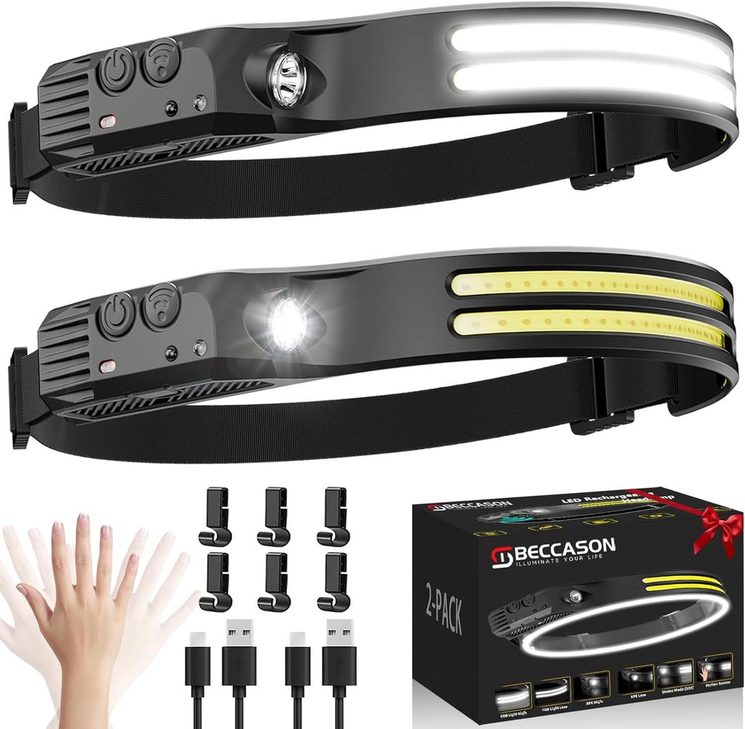Beccason 2Pack LED Headlamp Rechargeable - 230 COB Super Bright Head Lights for Forehead, Hard hat Light for Adults, USB C Headband Flashlight for Work, Hunting, Running, Camping Essentials Gear