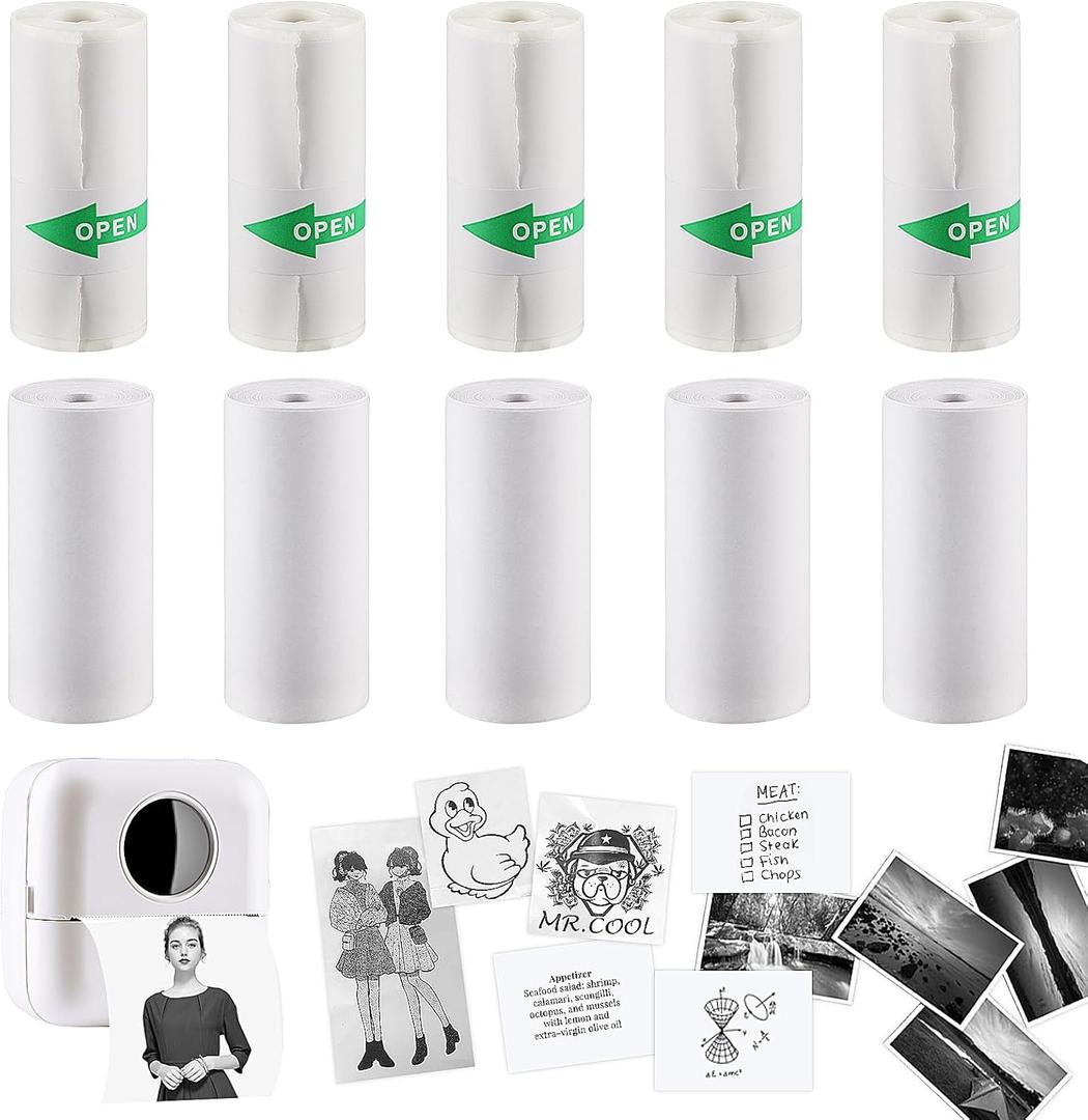 HuiJuKeJi 10 Rolls Thermal Inkless Printing Paper for Mini Sticker Receipt Printer Portable Bluetooth Pocket Printer, Including 5 rolls of adhesive thermal Paper for Photo Journal Notes Memo-57x25mm