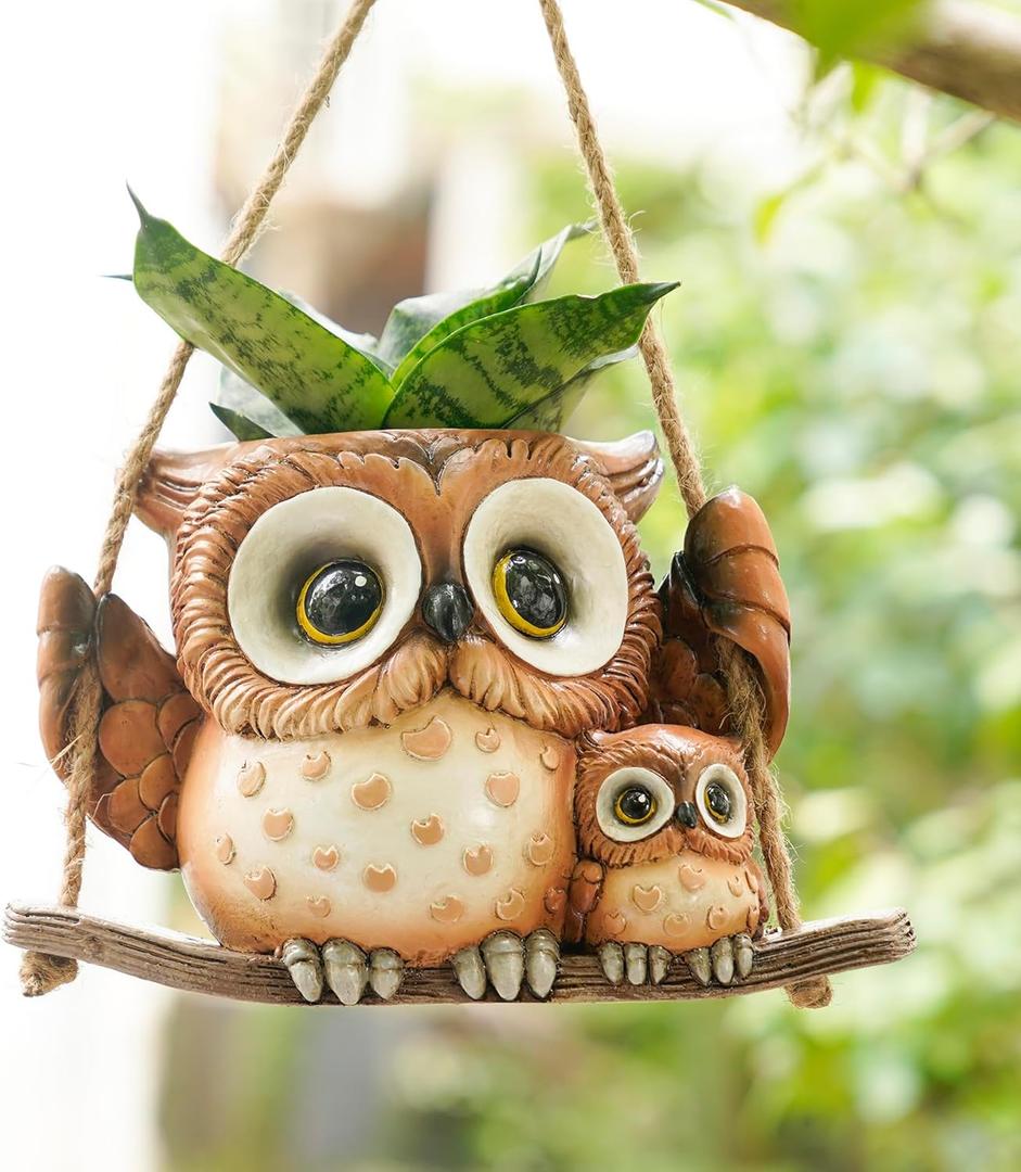 Swing Owl Hanging Planters for Indoor Plants, Cute Small Succulent Pots with Drainage Hole, Unique Resin Plant Hangers Outdoor, Hanging Plant Holder for String Of Pearls, Gift Ideas for Mother (Brown-2)