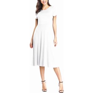 Urban CoCo Women's Short Sleeve Waisted Slim Fit Midi Dress (S, White)