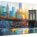 Arjun Cityscape Wall Art New York City Canvas for Living Room Painting Brooklyn Bridge Manhattan Bedroom Wall Art for Men Modern Blue Picture Grey Artwork Large Framed Home Office Wall Decor 40"x20"