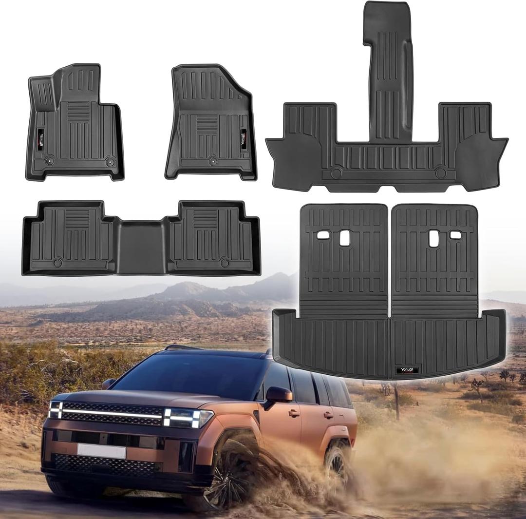 for 2024 2025 2026 Hyundai Santa Fe Floor Mats 3 Rows and Trunk Cargo Mat with Backrest Mat All Weather TPE for Hyundai Santa Fe Accessories (Fit Hybrid and Fuel) (Full Set)