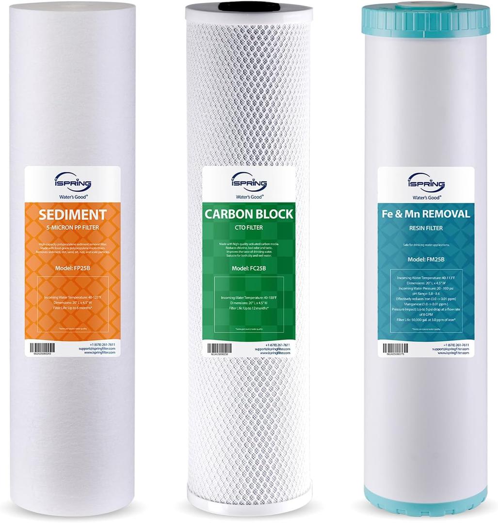 iSpring F3WGB32BM 3-Stage Whole House Water Filter Replacement Pack
Reduces Iron, Manganese, Chlorine, Sediments, 4.5" x 20" Industry-Standard Water Filter Fits WGB32BM & WHO32BM