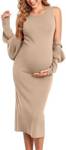V FOR CITY Maternity Dress Baby Shower Dress 2 Piece Sets Sweater Dresses Postpartum Tank Slit Cropped Cardigan Long Sleeve, Size Large 