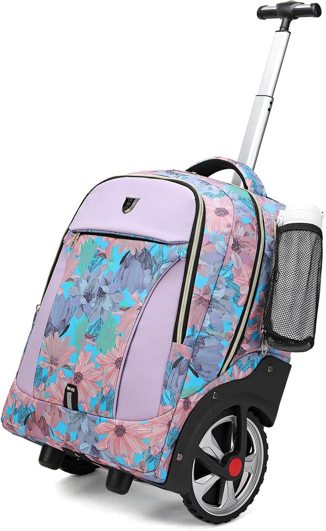 Rolling Backpack,Waterproof Backpack with Wheels for Business and Travel Commuter, Carry on Backpack with Laptop Compartment, Fit 17 Inch Laptop, Wheeled Backpack for Adults (20IN, Pink Flower)