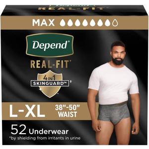 Depend Real Fit Incontinence Underwear for Men, Disposable, Maximum Absorbency, Large/Extra Large, 52 Count (2 Packs of 26)