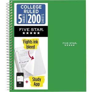 Five Star Spiral Notebook + Study App, 5 Subject, College Ruled Paper, 8.5" x 11", 200 Sheets, Green 