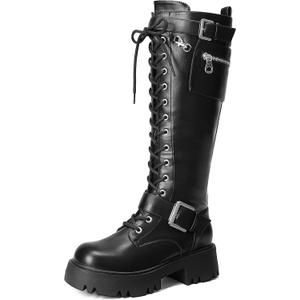 DREAM PAIRS Women's Combat Riding Platform Knee High Boots, Lace Up Fall Lug Sole Gothic Motorcycle Boots with Inside Zipper (Size 7, Black)