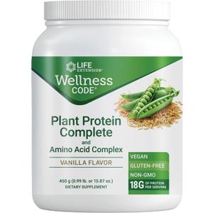 Life Extension Wellness Code Plant Protein Complete & Amino Acid Complex (Vanilla), Plant-Based Protein Powder Plus branched-Chain Amino acids, Gluten-Free, Non-GMO, Vegetarian, 450 Grams
