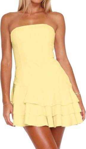 Navonta Womens Summer Sexy Strapless Tube Dress Flowy Ruffle Layer Mini Dress Off Shoulder Backless Tiered Short Dresses 2025, M