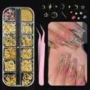 2 x 3D Alloy Nail Art Studs Nail Charms, Gold Hollow Star Moon Metal Nail Rivets Crystal Rhinestones Gems Jewelry DIY Crafts Manicure Decorations with Pick Up Tweezers